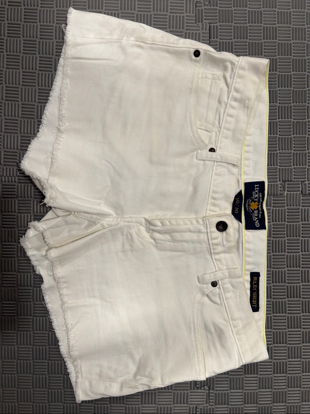 Lucky Brand White Frayed Hem Denim Shorts with Yellow Waist Trim